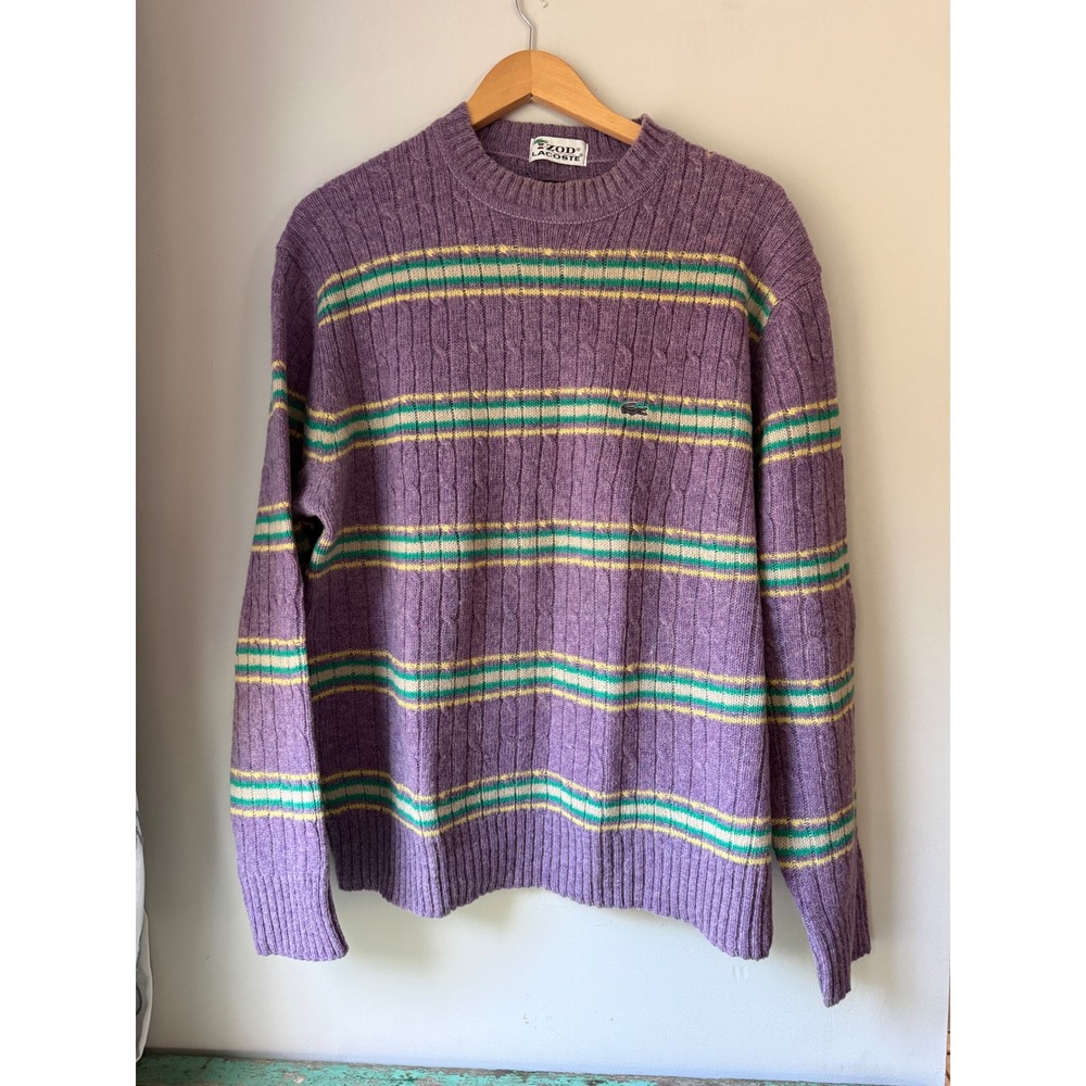 Izod Lacoste Sweater mens XL Purple Vintage 80s Striped Wool Cable Knit Crewneck